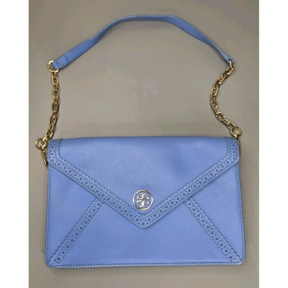Tory Burch Envelope Clutch Crossbody Chain Purse Handbag Periwinkle Blue